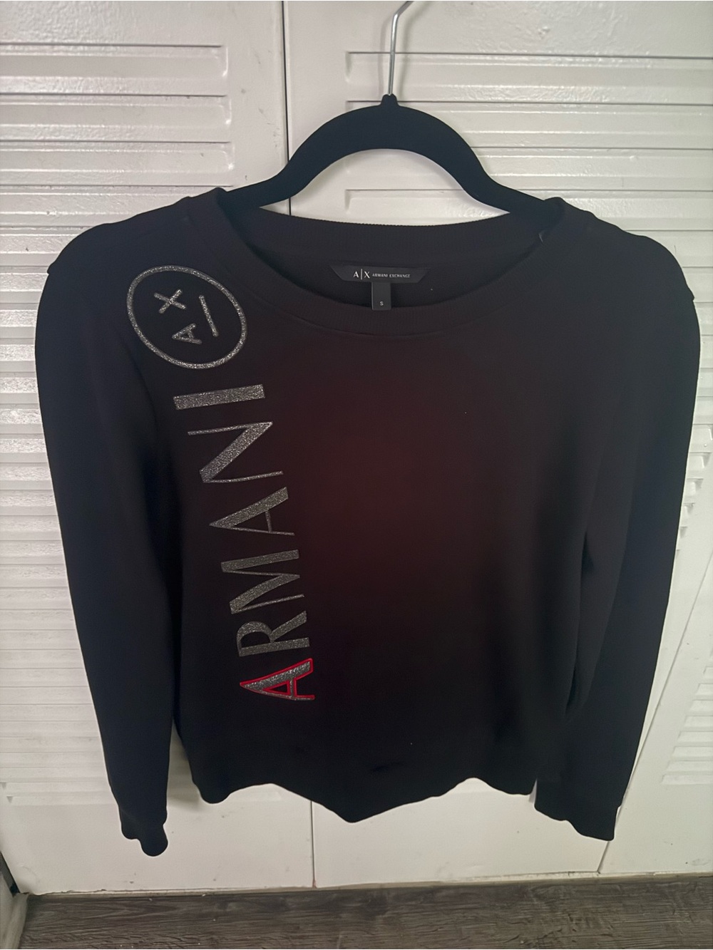 Armani Exchange Black Crewneck Sweater with Silver and Red Logo